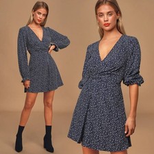 Lulu's Twirl Me Around Navy Blue Polka Dot Faux Wrap Mini Dress M Date Prairie