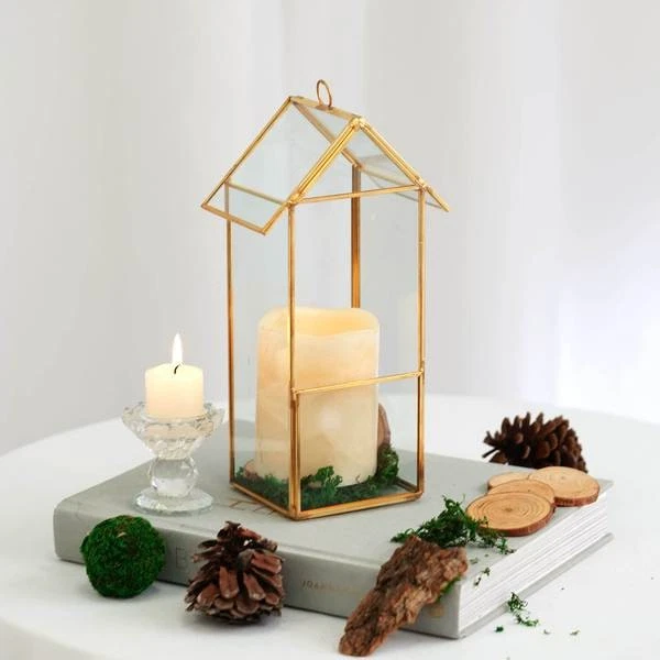 JARRÓN TERRARIO DE VIDRIO GEOMÉTRICO ORO TRANSPARENTE 10,5" de alto con marco de metal centros de mesa Foto 2 de 4