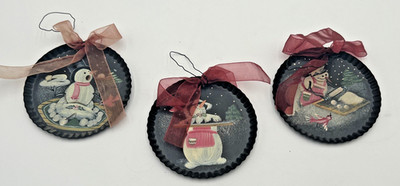 Vintage Ace Tin Snowman Ornament Set Of 3