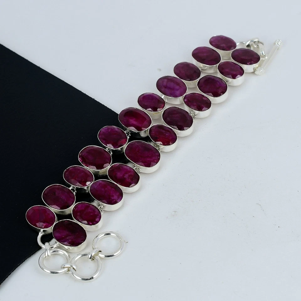 Kashmir Ruby Bracelet Lab Created Gemstone 925 Sterling Silver Bracelet For Love - Image 3 of 4