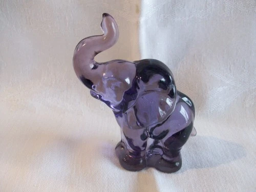 Vintage Fenton Purple/Amethyst Glass Elephant Raised Trunk Up Stamped Figure 4"