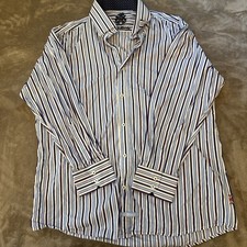 English Laundry Mens Shirt 17 32/33 Purple White Striped Business Embroidered