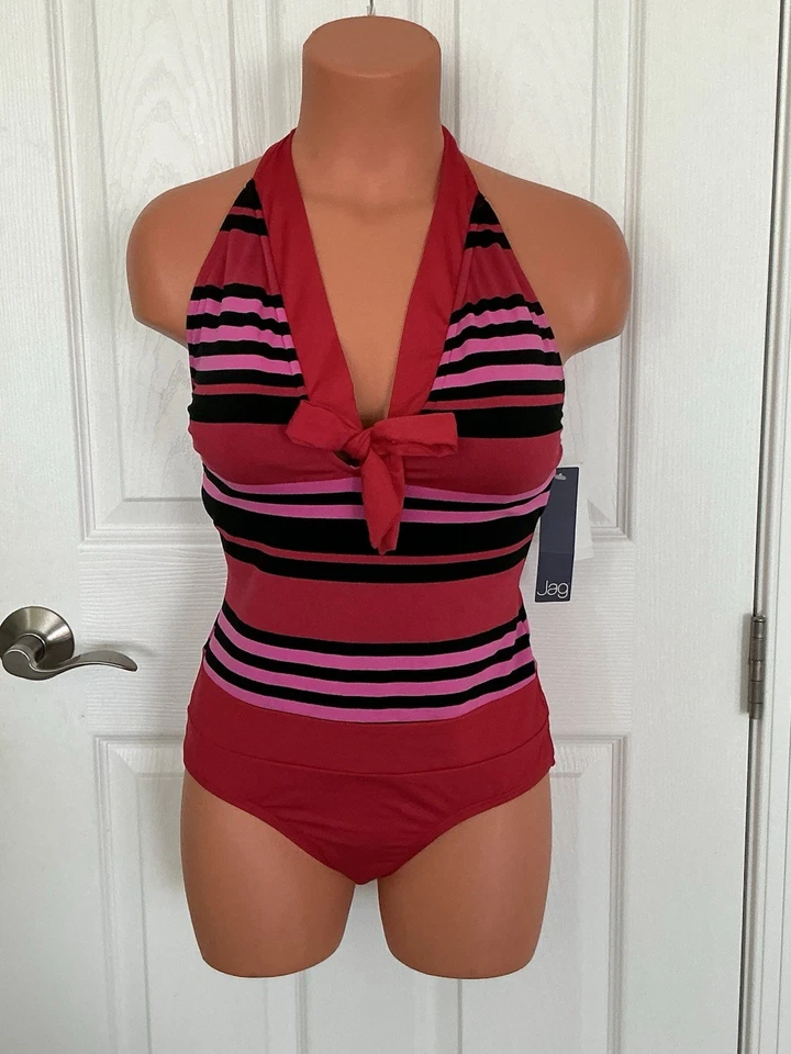 Traje de baño JAG rojo multi cuello en V halter copa suave 1 pieza talla 8 nuevo con etiquetas Foto 2 de 4