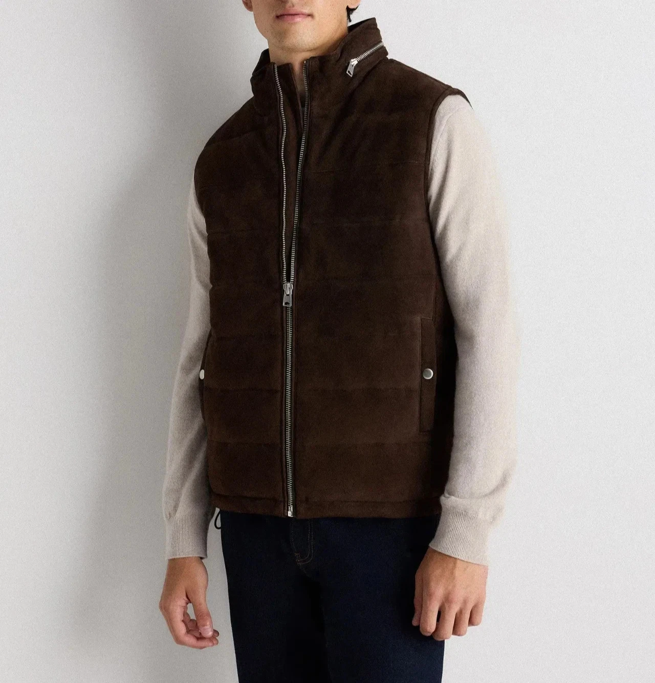 Handmade New Stylish Men Leather Suede Soft Lambskin Brown Vest Puffer Jacket