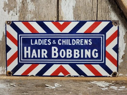 VINTAGE HAIR BOBBING PORCELAIN SIGN OLD BARBERS SHOP HAIR SALON LADIES CHILDREN