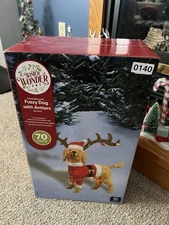 Santa Fuzzy Dog with Antlers 32in Light Up Yard Christmas Holiday Decor NIB