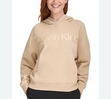 Calvin Klein Performance Women Metallic Logo Hooded Sweatshirt Wheat Beige L NEW