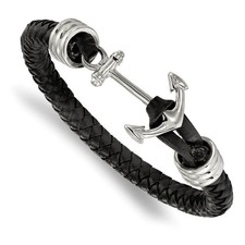 Pulsera de palanca de anclaje de cuero trenzado negro de acero inoxidable, 8,5 pulgadas
