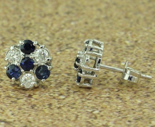 14k Solid White Gold Natural Diamond Sapphire Earring Cluster 1.14 ct made USA - Picture 3 of 7