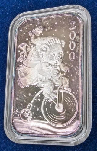 2000 Christmas Bear Tricycle 1oz .999 Fine Silver Art Bar In Capsule w/ Box - Picture 6 of 8
