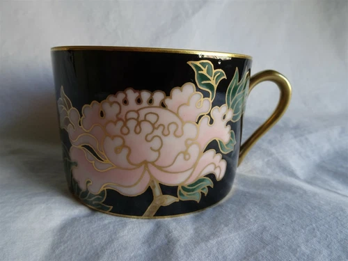 Vintage 1979 Fitz & Floyd Cloisonne Peony Black & Gold China Flat Cup, Japan
