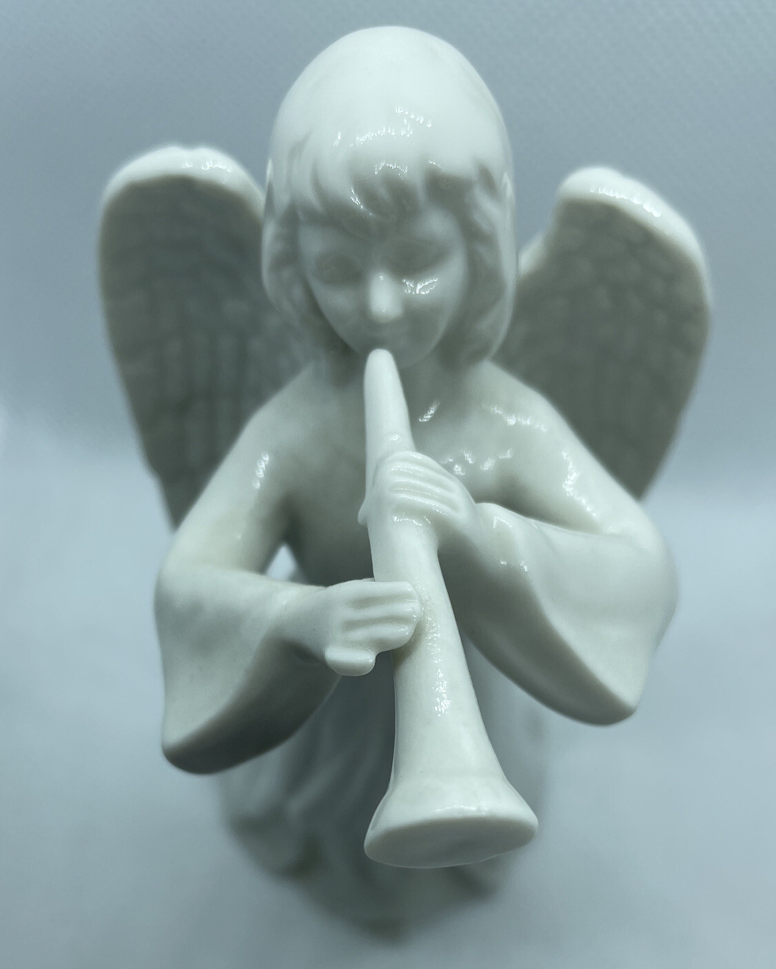 Porcelain Angel 5 3/4” Figurine Playing Trumpet White Band Musician Vtg
