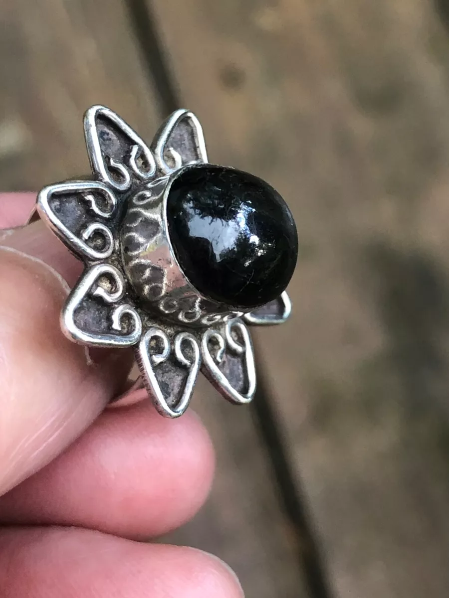Vintage Silver 925 BLACK MOONSTONE RING Sz 6.50 8g Lovely Flower Design