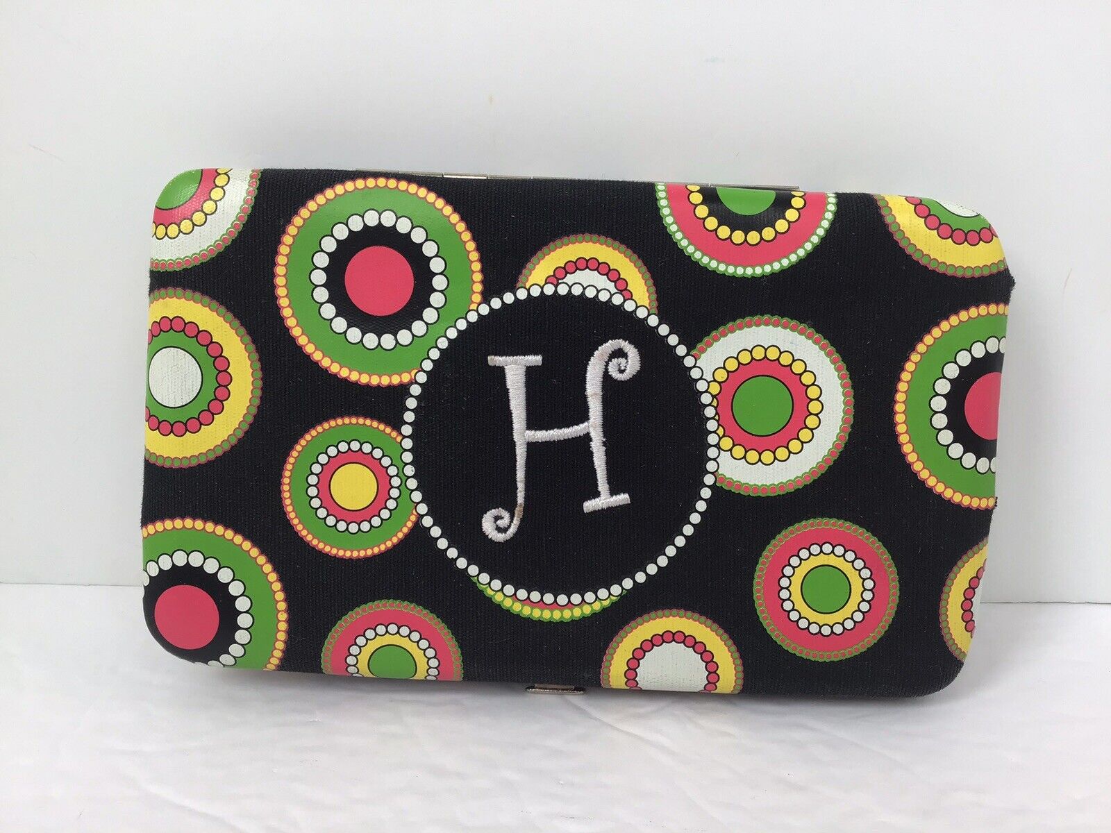 Mainstreet Collection Black Pink Green Yellow Polka Dots Wallet Clutch Letter H