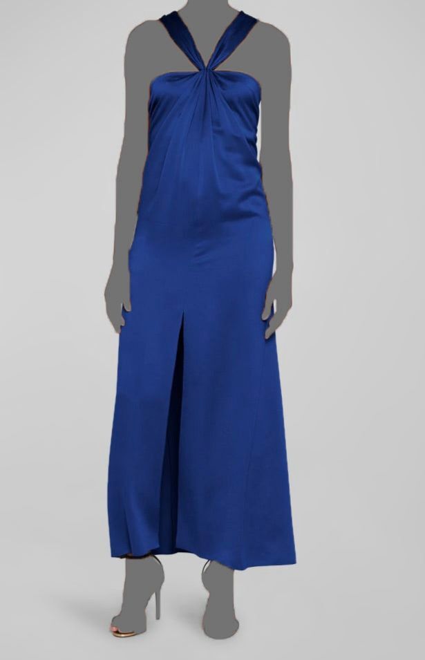 $3995 Giorgio Armani Womens Blue Pleated Halter Slit-Hem Silk Gown Dress Size 48 $3995 Giorgio Armani Womens Blue Pleated Halter Slit-Hem Silk Gown Dress Size 48