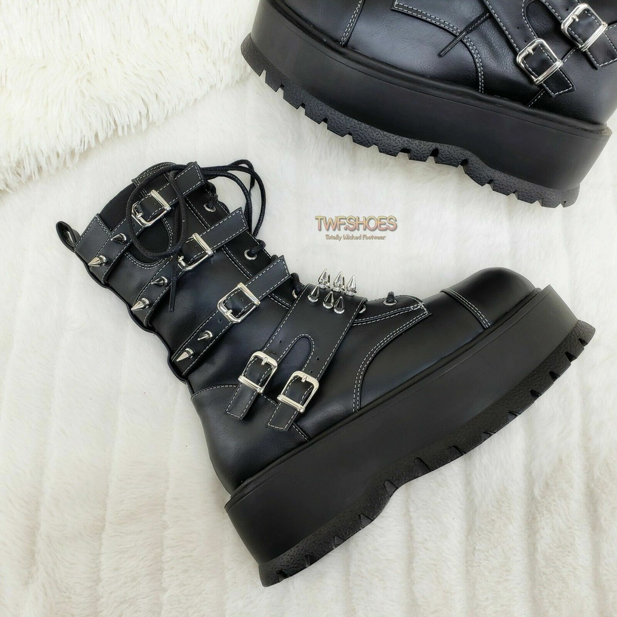 Slacker 165 Black Matte Lace Up Zipper Spiked Ankle Boots