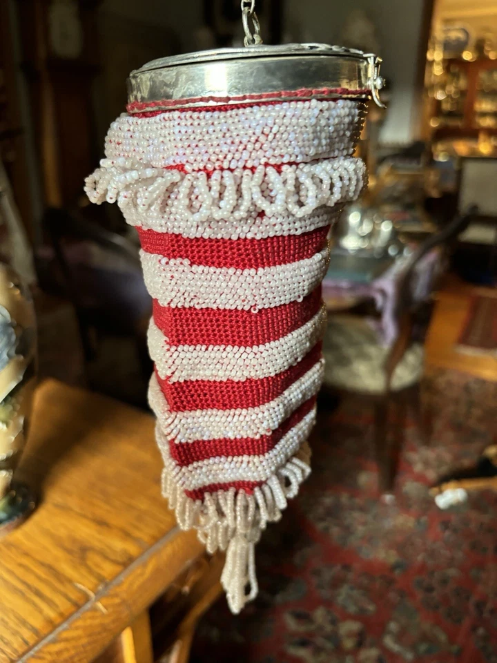 Bolso Cartera 1920 Art Noveau Deco Cuentas Rojo Blanco con Espejo  Foto 3 de 4