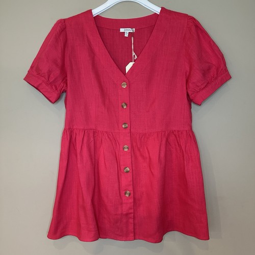 NWT Linen Babydoll Top Cottagecore Pink Puff Sleeve Feminine Women L Button Vnec