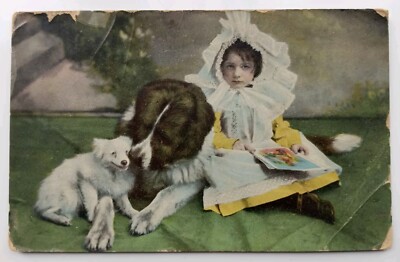 Antike Postkarte - Mädchen mit Bernhardiner Hund