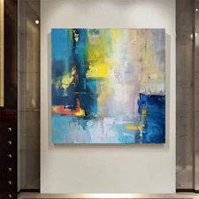 Blue Abstract Oil Painting Thick Textured Hand Painted On Canvas Wall Art Yellow