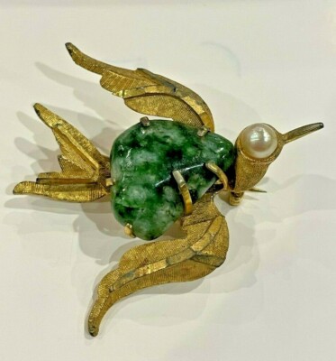 Vintage Gestempelt BSK Vogel Fliegend Goldfarben Perle Jade Stein Brosche