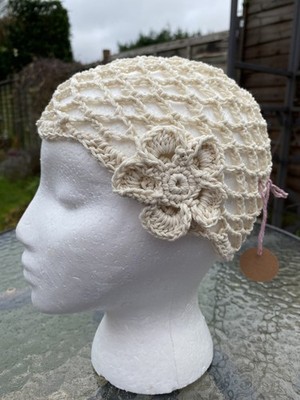 Retro Vintage 70s Abbamania Abba Voyage Style Mesh Beanie Crochet Hat Cap Cream