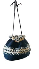 Vintage Crochet Beaded Cinch Purse Bag Lucite Bottom Boho Hippie
