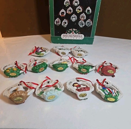 Vintage Breckenridge Twelve Days Of Christmas Tree Ornaments Bisque 12pcs In Box - Picture 10 of 17