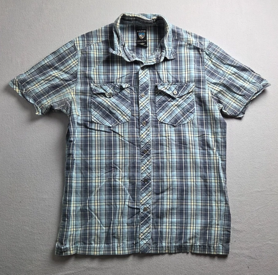 Kuhl Button Shirt Mens Small Blue Plaid Pockets Hiking Collared Casual Comfort
