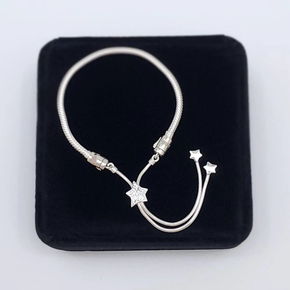 Auténtico Brazalete Estrella Pavé Circonita Circonita Deslizante Ajustable Cadena Serpiente Plata de Ley Foto 2 de 4