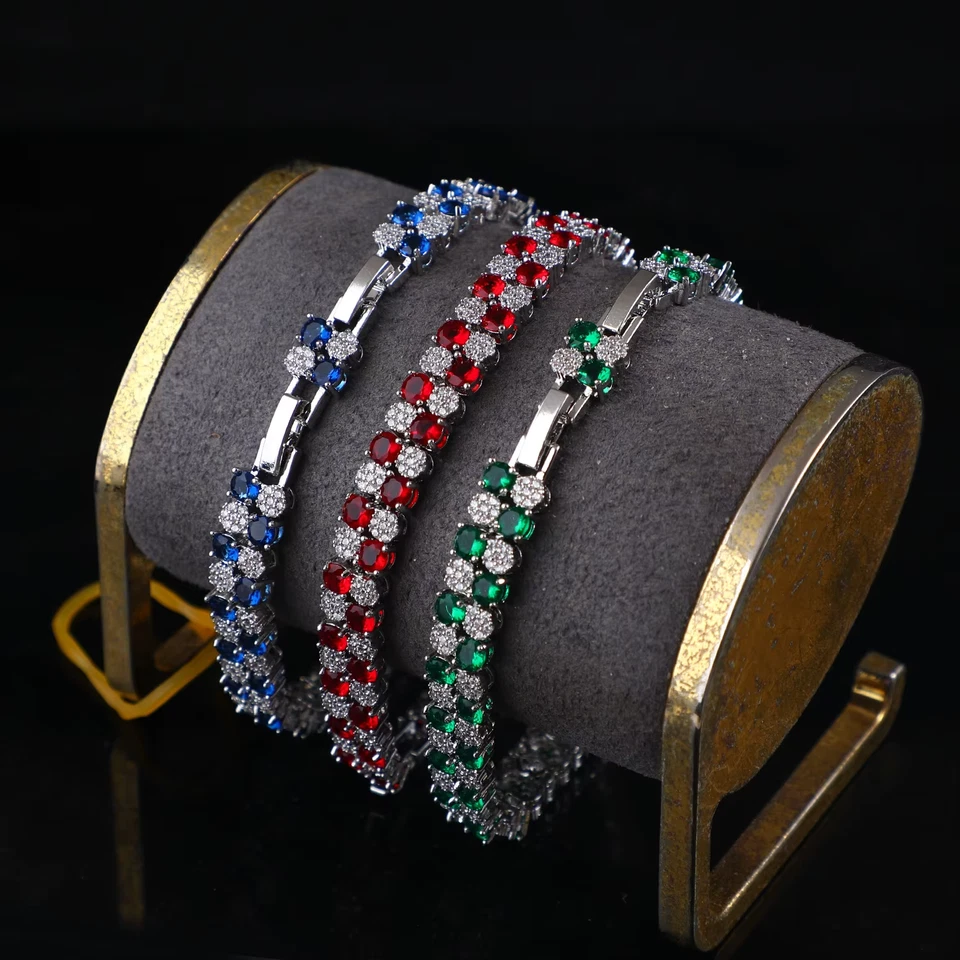 Теннисный браслет с 2 рядами изумрудов круглой огранки 15 карат с покрытием из белого золота 14 карат - Изображение 3 из 4