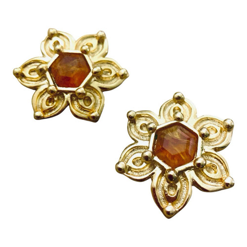 Vintage 90s Guy Laroche Paris Amber Floral Clip-On Earrings Signed France