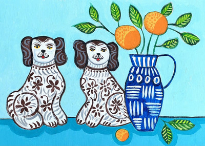 Original Gemälde Staffordshire Keramik Hunde, orange Folk/Naive Kunst Holzplatte