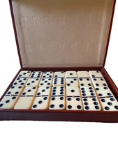Vintage Domino Set with Brown Faux Leather Game Case. New Double 6