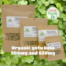 Organic Gotu Kola (Centella asiatica) 500mg and 650mg vegetarian capsules made