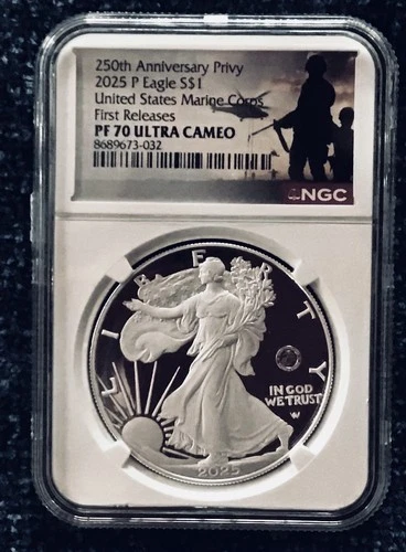 2025-P Silver Eagle US Marine Corp 250th Privy NGC PF70 Ultra Cameo ER