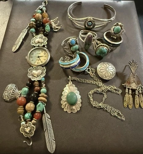 Lot Vintage Sterling Silver SW Jewelry Peyote Bird Watch Turquoise Bracelet NR