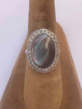 Vintage Thailand Sterling Silver, Abalone  CZ Oval Shape Ring - Size 8