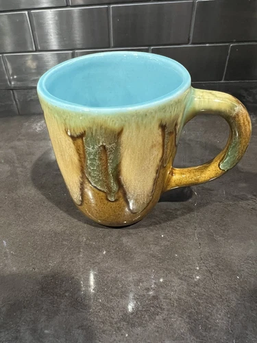 Vintage Dryden Hot Springs Arkansas Pottery Cup Mug Blue Green Brown 8oz