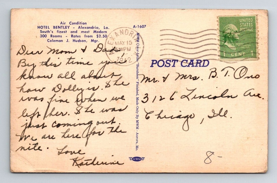 Alexandria LALouisiana, Bentley Hotel, Antique Vintage c1942 Souvenir