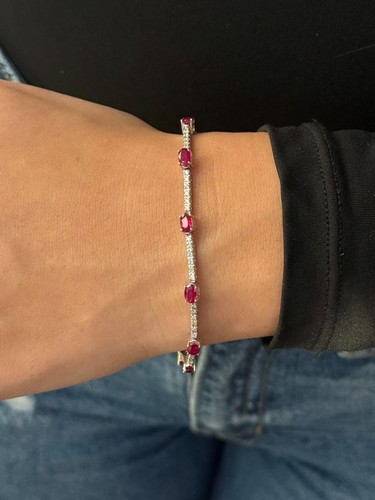 14k White Gold Natural Red Ruby & Natural White Diamond Pave Set Tennis Bracelet - Picture 9 of 15