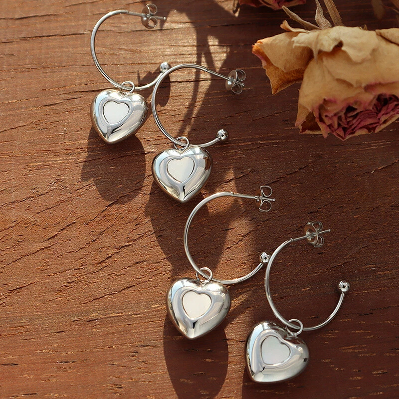 Ohrstecker Halbcreolen mit Anhänger Herz Perlmutt Edelstahl Damen Ohrringe - Bild 4 von 4