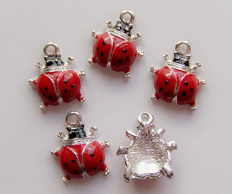 4pz ciondoli coccinella charms in metallo smaltato bijoux 16x14mm