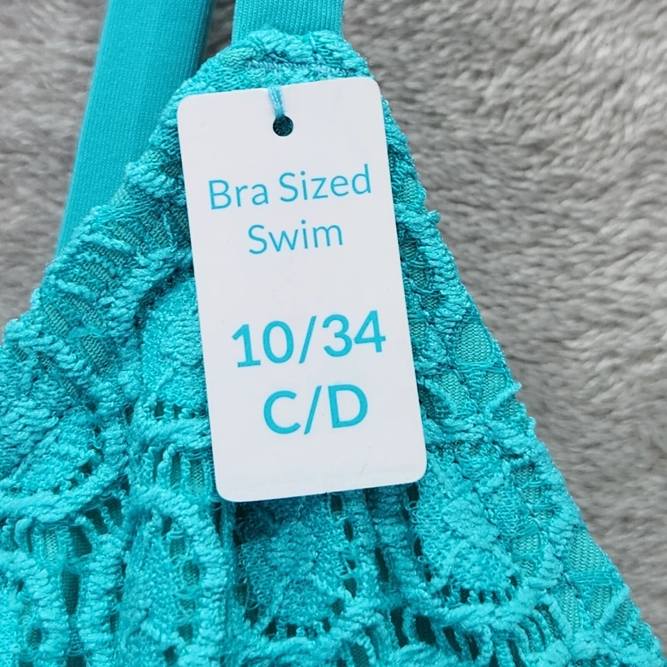Coco Contours 坦基尼上衣,尺寸 10 34C/D 钩针编织文胸,尺寸游泳花边海蓝宝石 — 第 4/4 张图片
