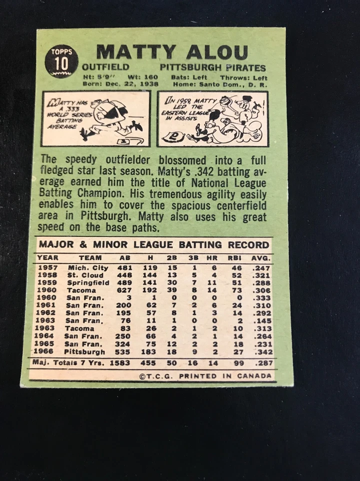 1967 OPC Béisbol Matty Alou #10 - Piratas de Pittsburgh - Nuevo como nuevo Foto 2 de 2