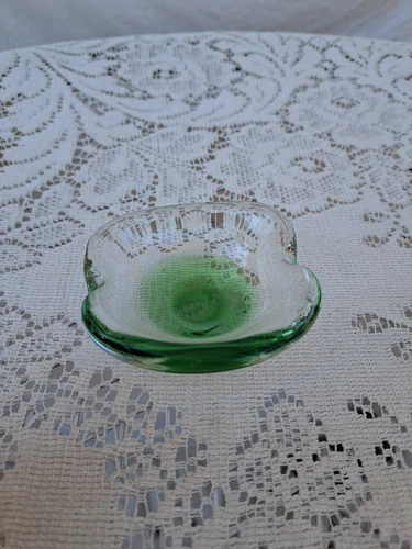Vtg Arte Murano Icet Blown Glass Ashtray Trinket Dish Clear Green Venezuela