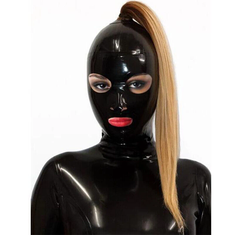 Máscara de goma con capucha de látex negra con orificio de trenza de cabello (no peluca) cremallera trasera para mujer Foto 4 de 4