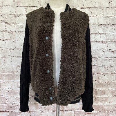 Audrey 3+1 Cable Knit Fleece Varsity Style Sweater Jacket Brown Black Size S NEW