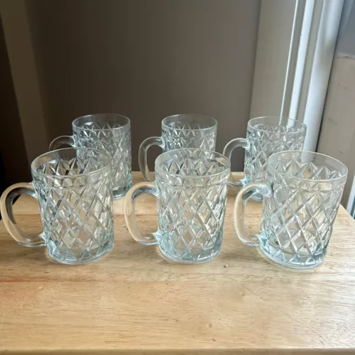 VTG Lot Of 6 Paul Sebastian 24% Lead Crystal Glass Mugs Diamond Cut Pattern
