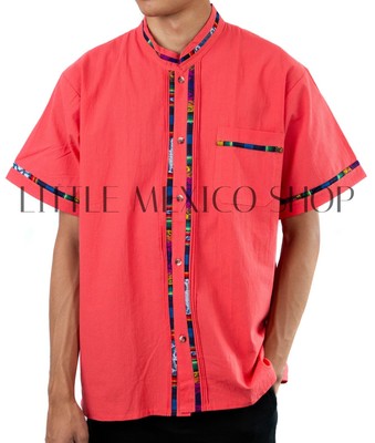 Men's Button Down FIESTA ATTIRE Shirt CORAL Short Sleeve Handmade Artisan